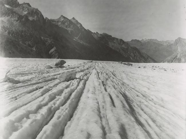 A close up image of a grooved glacier.