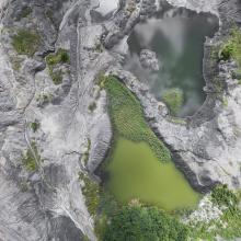 Grey coal mines with bright green water and trees